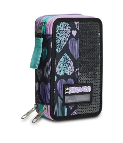 Outlet Seven ® 3 Zip Pencil Case - Patchyheart Girl